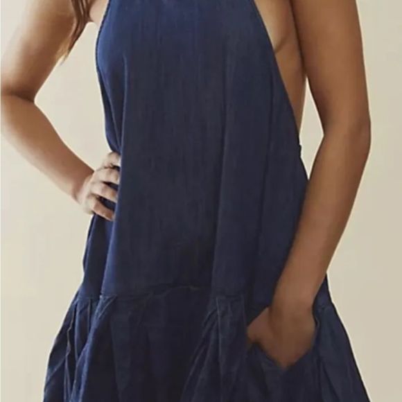 Free People Denim Backless Bubble Mini Dress Halter Pleated Ruffle Hem - Picture 5 of 6